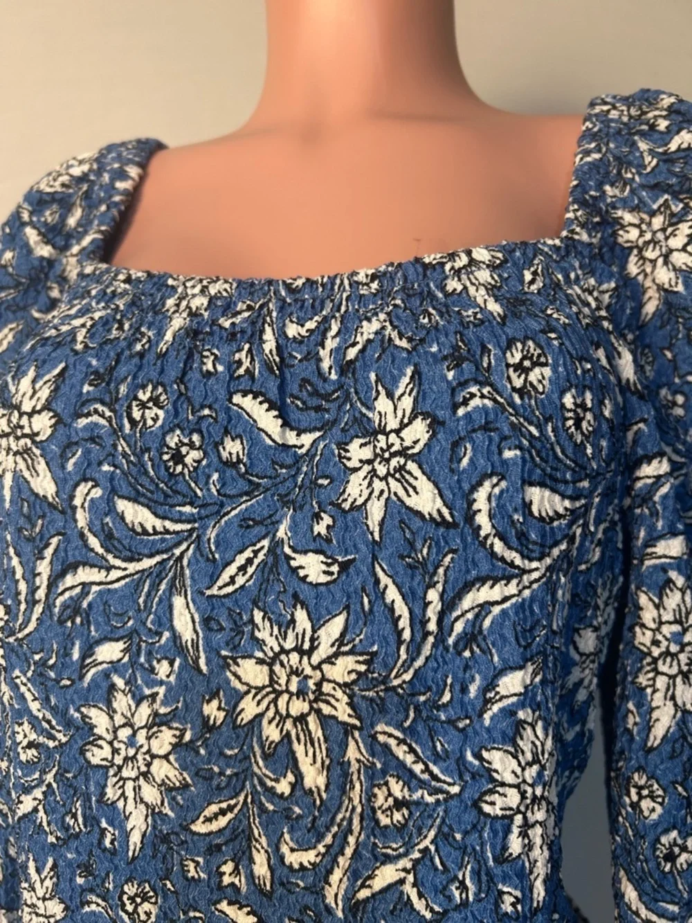 LOFT Women’s Floral Puff Long Sleeve Blouse Textured Top Square Neck Size L NWT